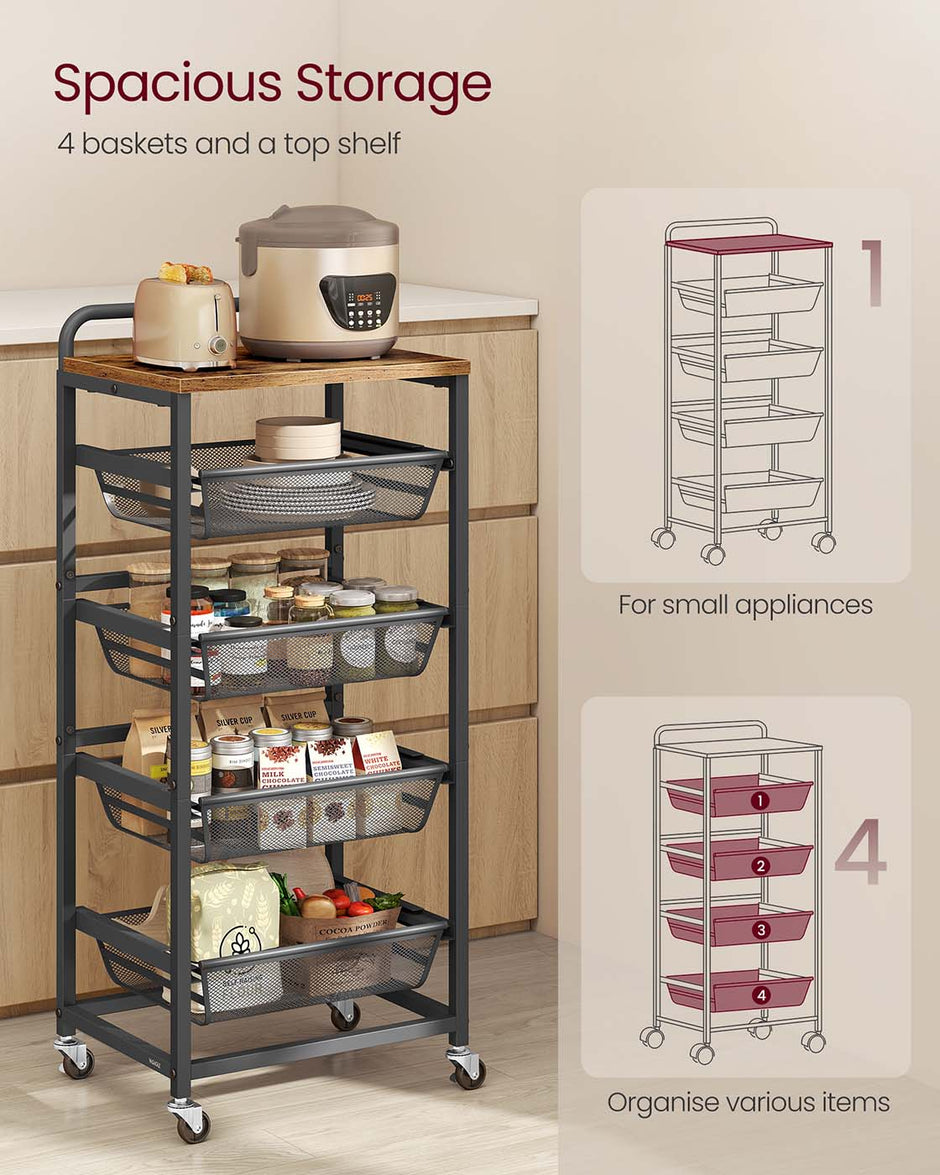 Storage Trolley – Metal and Wood – Rustic Brown and Ink Black – 4-Tier with Pull-Out Baskets and Wheels