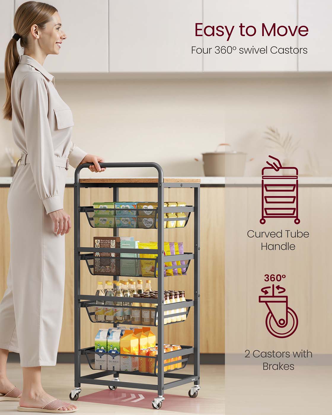 Storage Trolley – Metal and Wood – Rustic Brown and Ink Black – 4-Tier with Pull-Out Baskets and Wheels