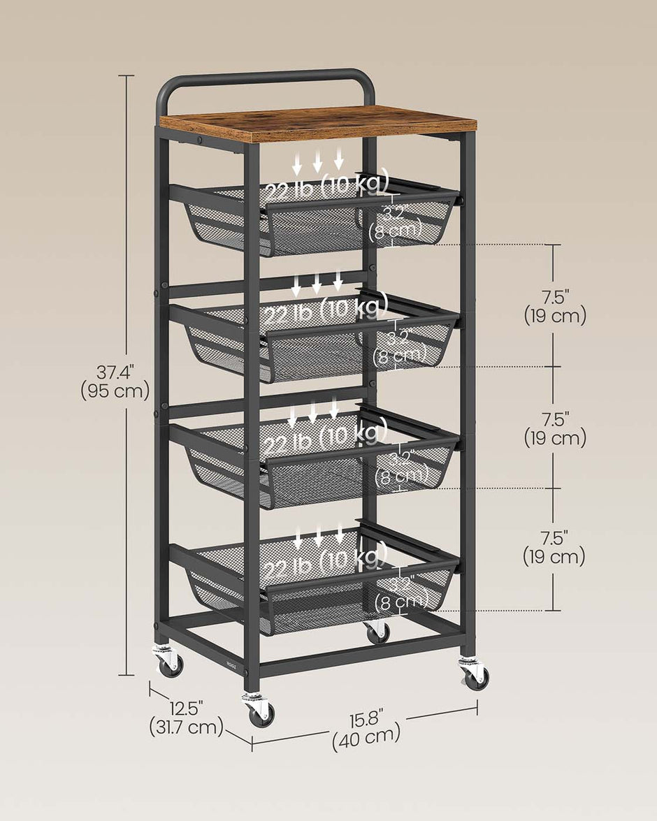 Storage Trolley – Metal and Wood – Rustic Brown and Ink Black – 4-Tier with Pull-Out Baskets and Wheels