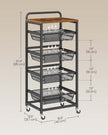 Storage Trolley – Metal and Wood – Rustic Brown and Ink Black – 4-Tier with Pull-Out Baskets and Wheels