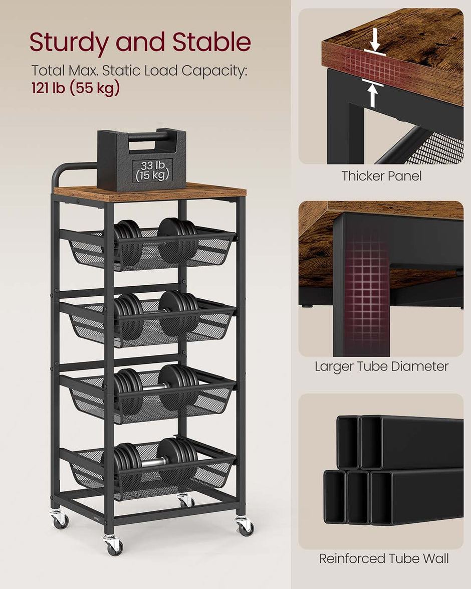 Storage Trolley – Metal and Wood – Rustic Brown and Ink Black – 4-Tier with Pull-Out Baskets and Wheels