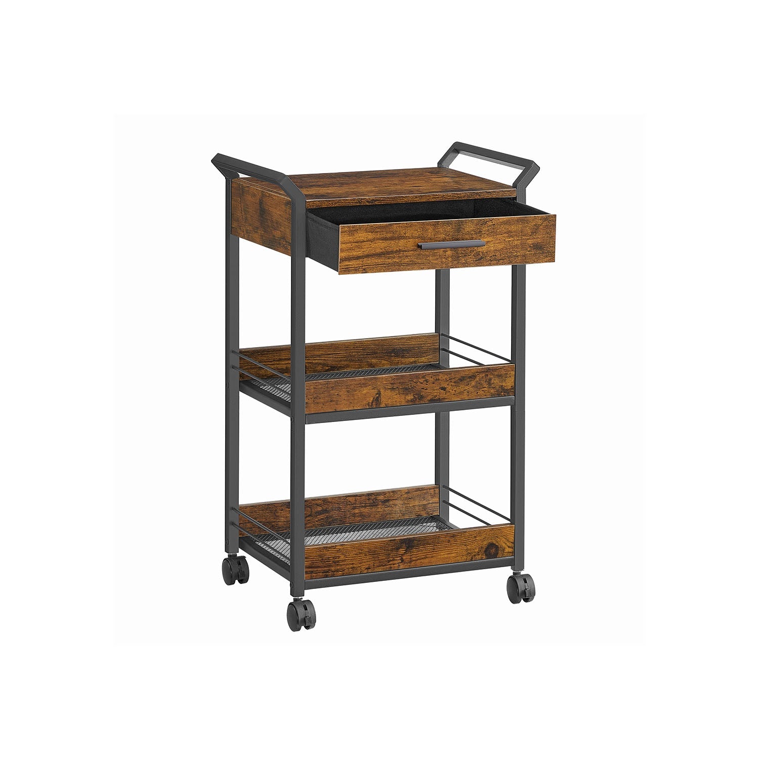 Rolling Storage Trolley – Metal and Wood – Rustic Brown and Ink Black – 4-Tier with Table Top and Lockable Castors