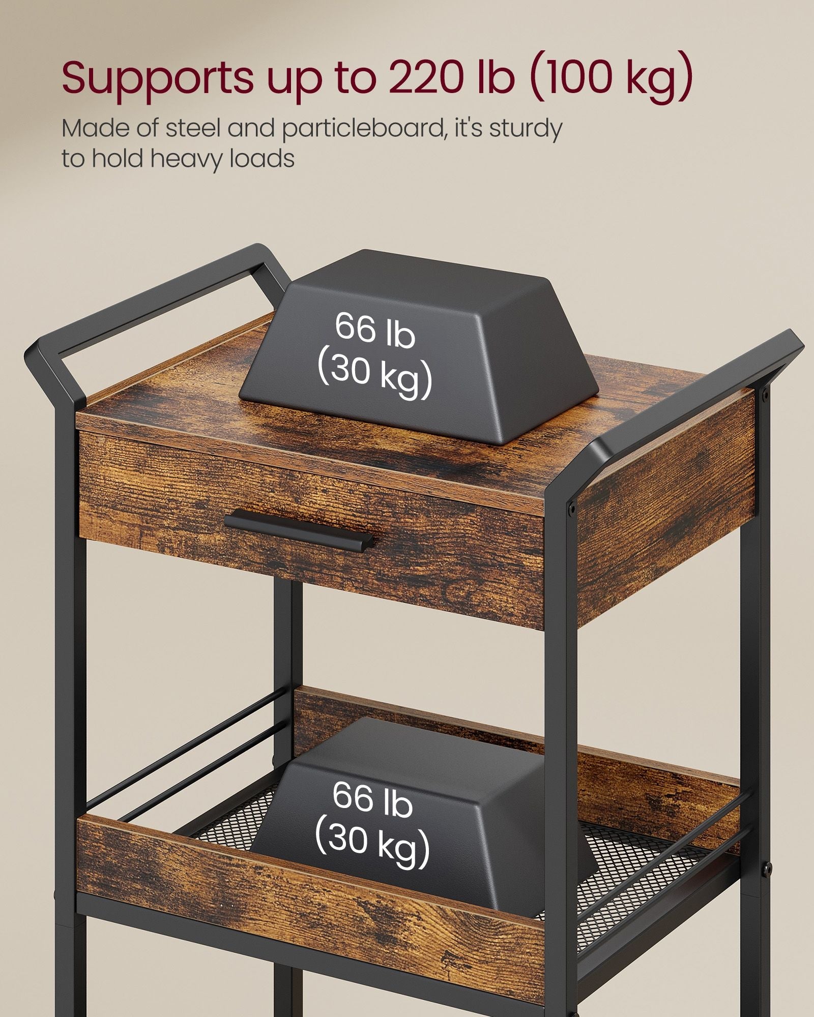 Rolling Storage Trolley – Metal and Wood – Rustic Brown and Ink Black – 4-Tier with Table Top and Lockable Castors