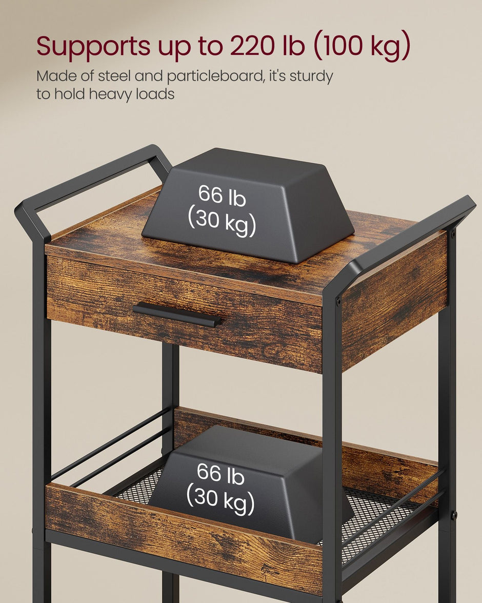 Rolling Storage Trolley – Metal and Wood – Rustic Brown and Ink Black – 4-Tier with Table Top and Lockable Castors