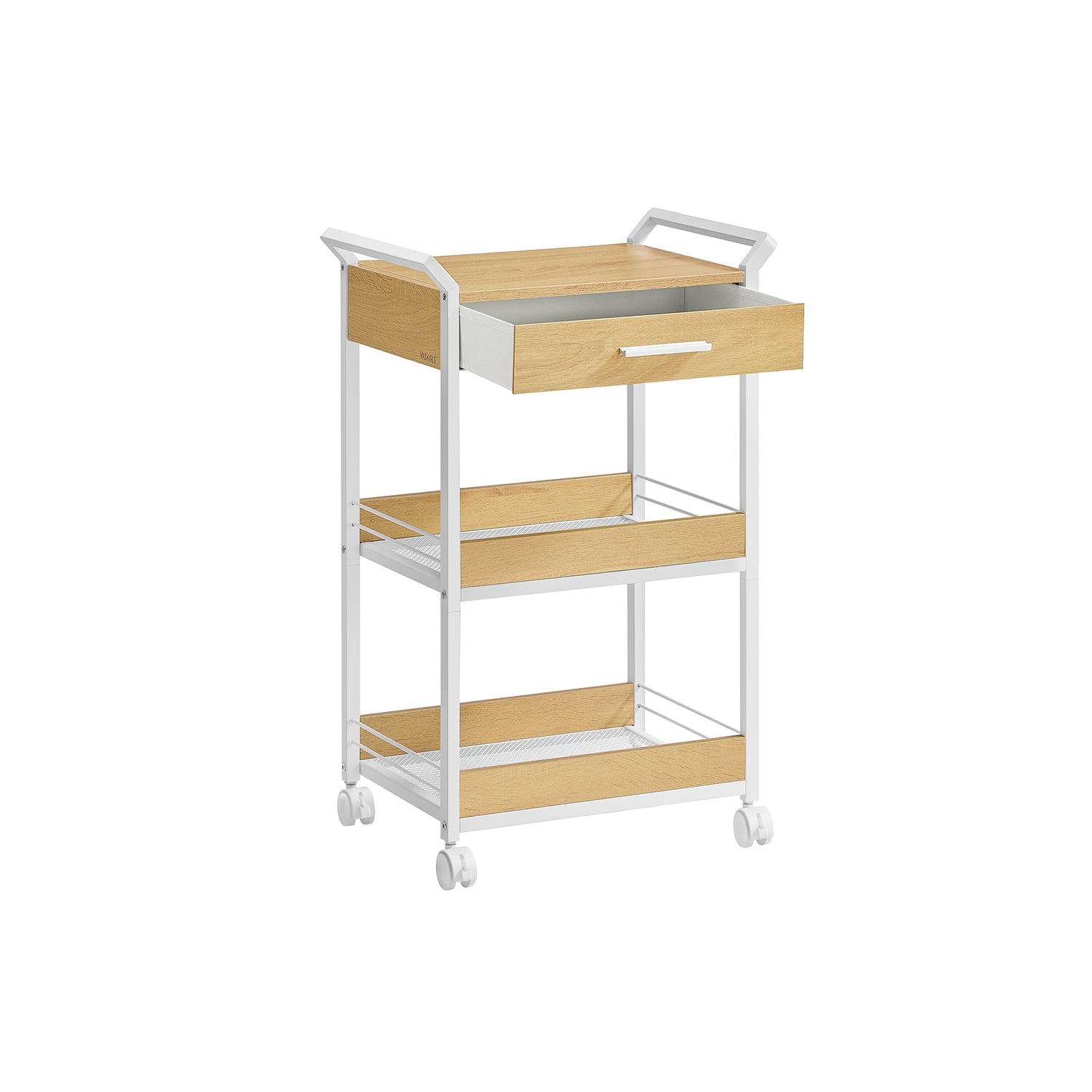 Rolling Storage Trolley – Wooden – Golden Oak and Cloud White – 3-Tier with Table Top and Lockable Castors