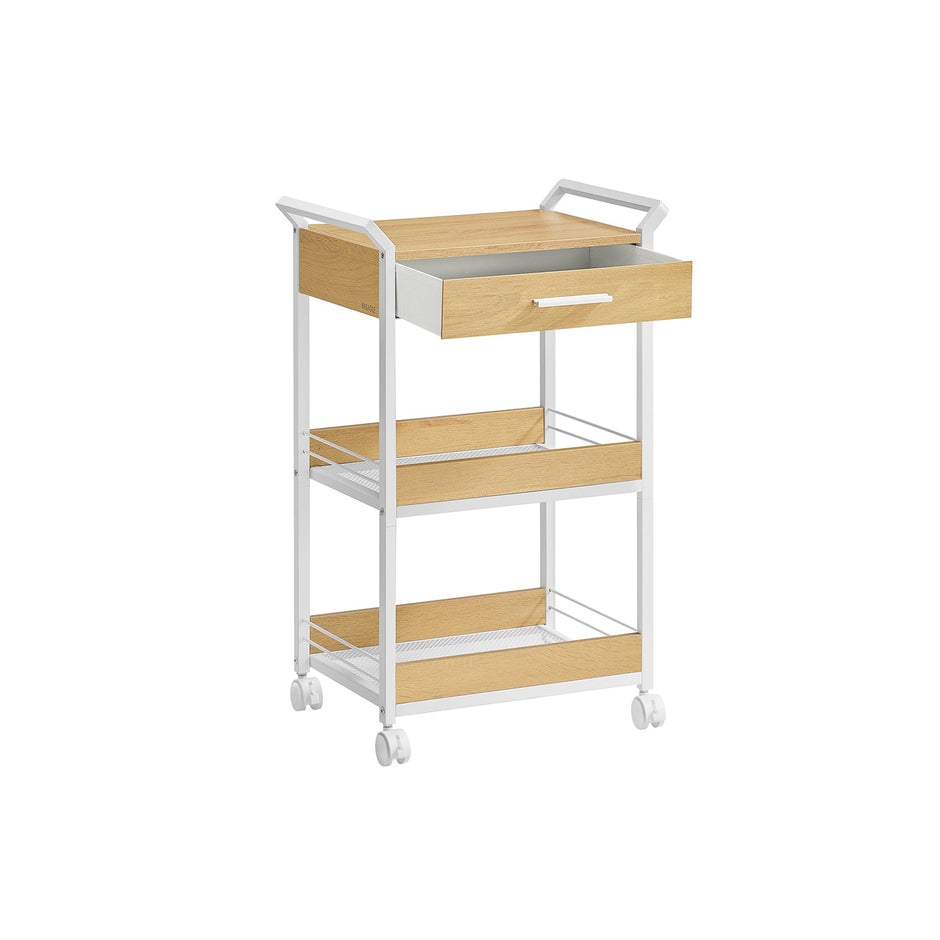 Rolling Storage Trolley – Wooden – Golden Oak and Cloud White – 3-Tier with Table Top and Lockable Castors