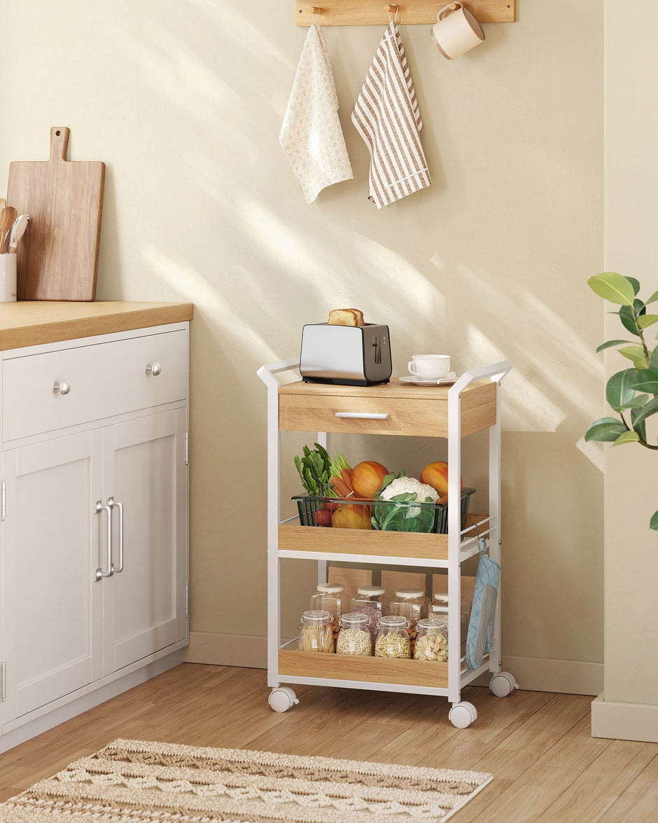 Rolling Storage Trolley – Wooden – Golden Oak and Cloud White – 3-Tier with Table Top and Lockable Castors