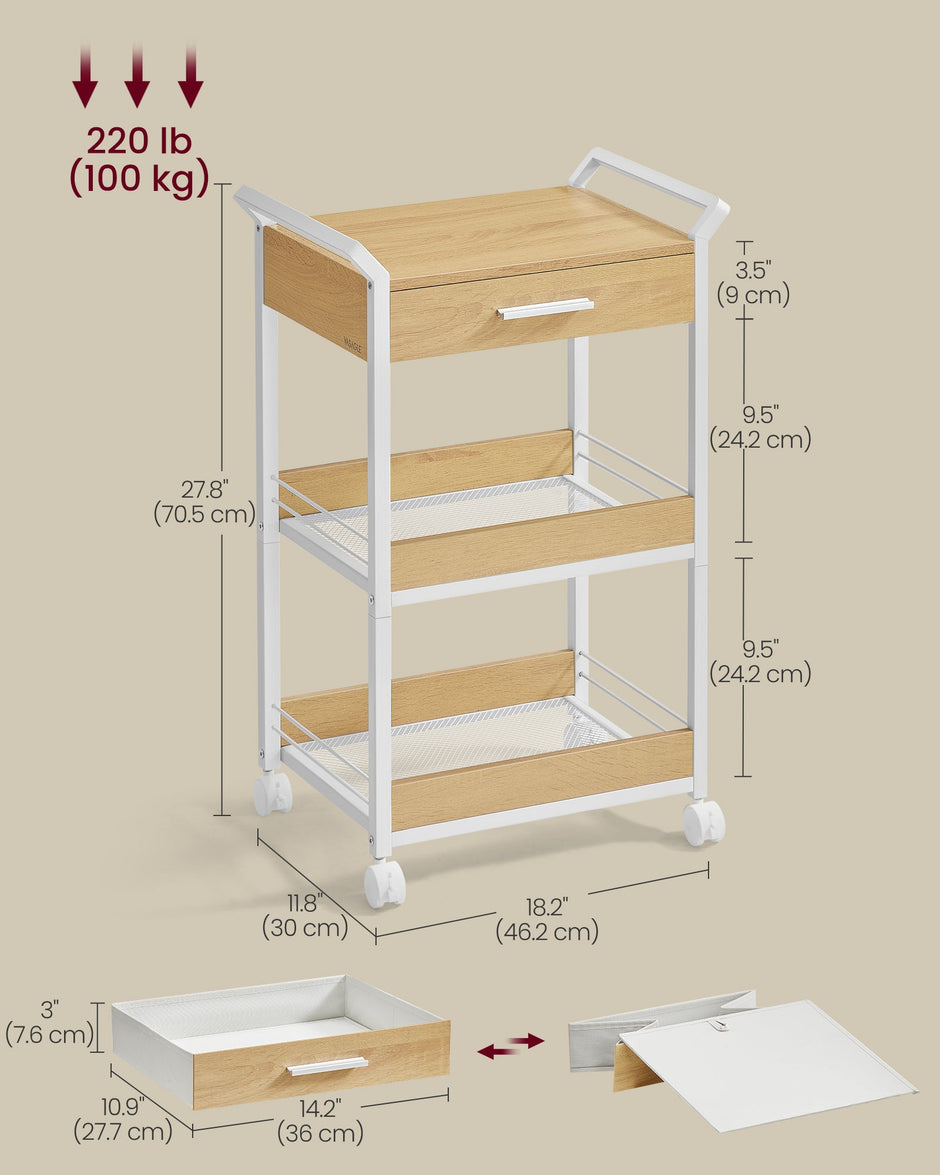 Rolling Storage Trolley – Wooden – Golden Oak and Cloud White – 3-Tier with Table Top and Lockable Castors