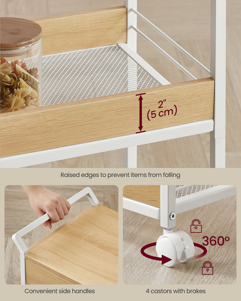 Rolling Storage Trolley – Wooden – Golden Oak and Cloud White – 3-Tier with Table Top and Lockable Castors
