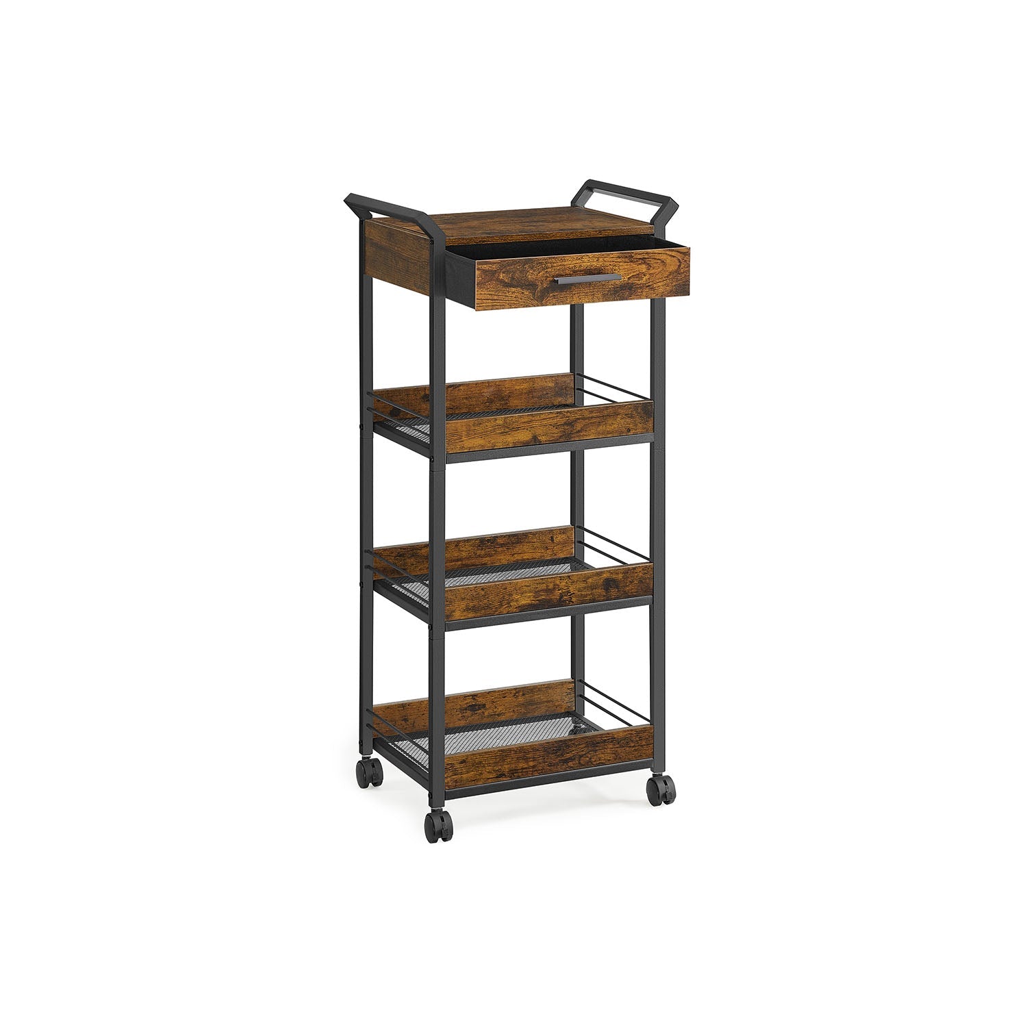4-Tier Rolling Storage Trolley – Wood and Metal – Rustic Brown and Ink Black – Lockable Castors and Top Drawer