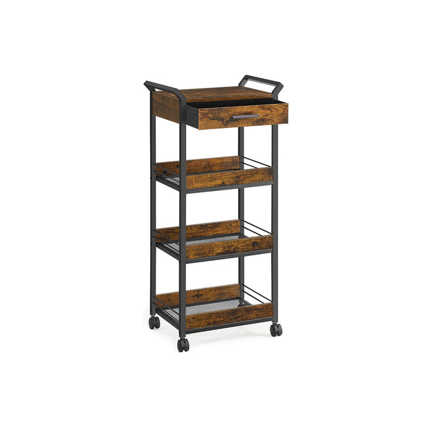 4-Tier Rolling Storage Trolley – Wood and Metal – Rustic Brown and Ink Black – Lockable Castors and Top Drawer