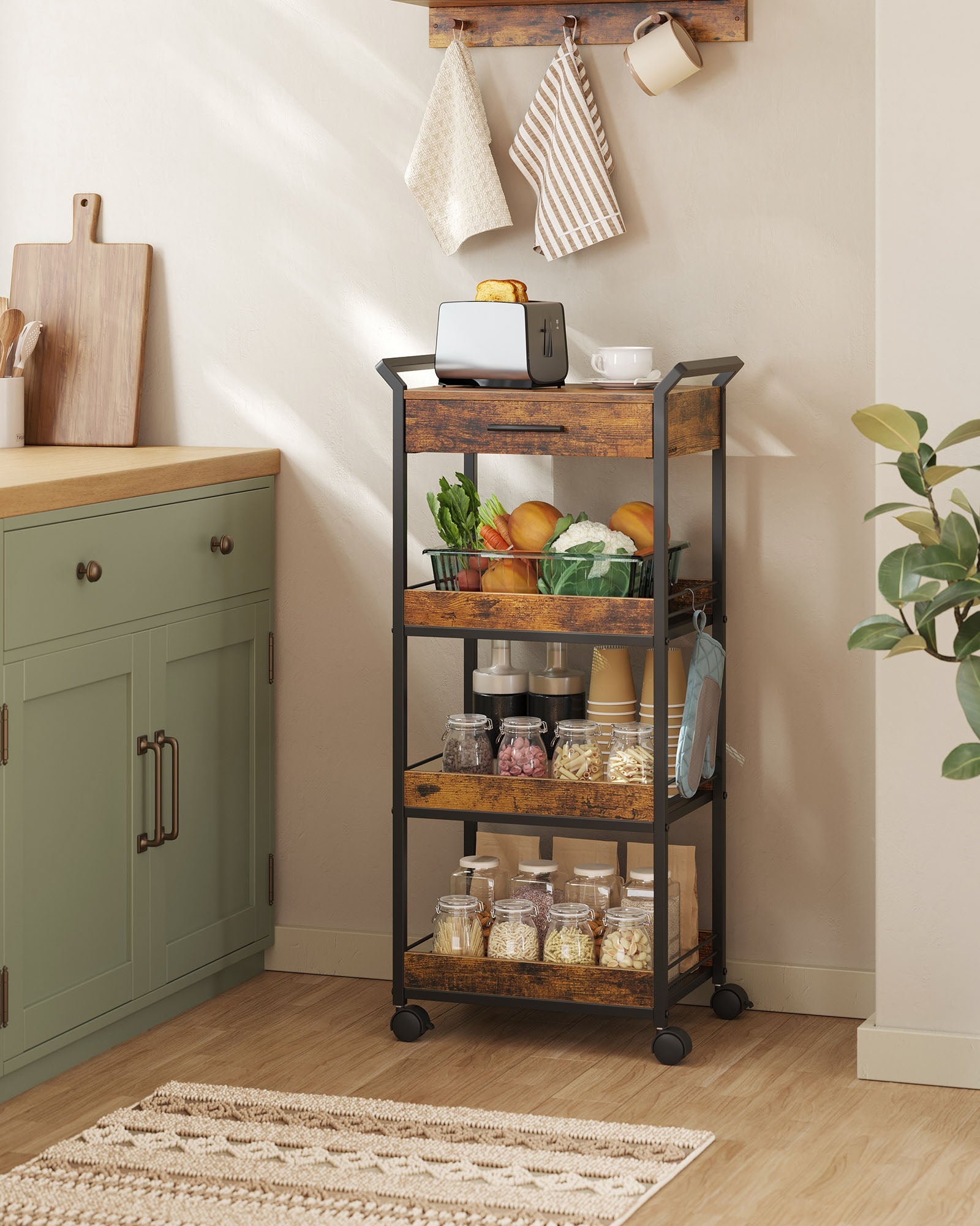 4-Tier Rolling Storage Trolley – Wood and Metal – Rustic Brown and Ink Black – Lockable Castors and Top Drawer