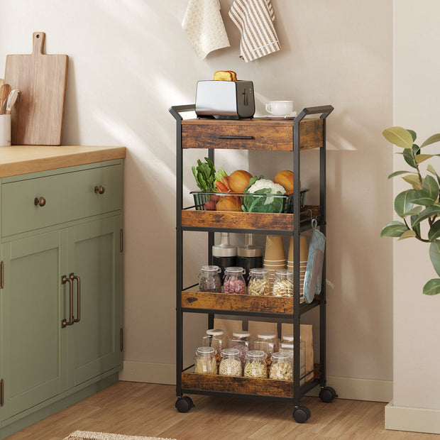 4-Tier Rolling Storage Trolley – Wood and Metal – Rustic Brown and Ink Black – Lockable Castors and Top Drawer