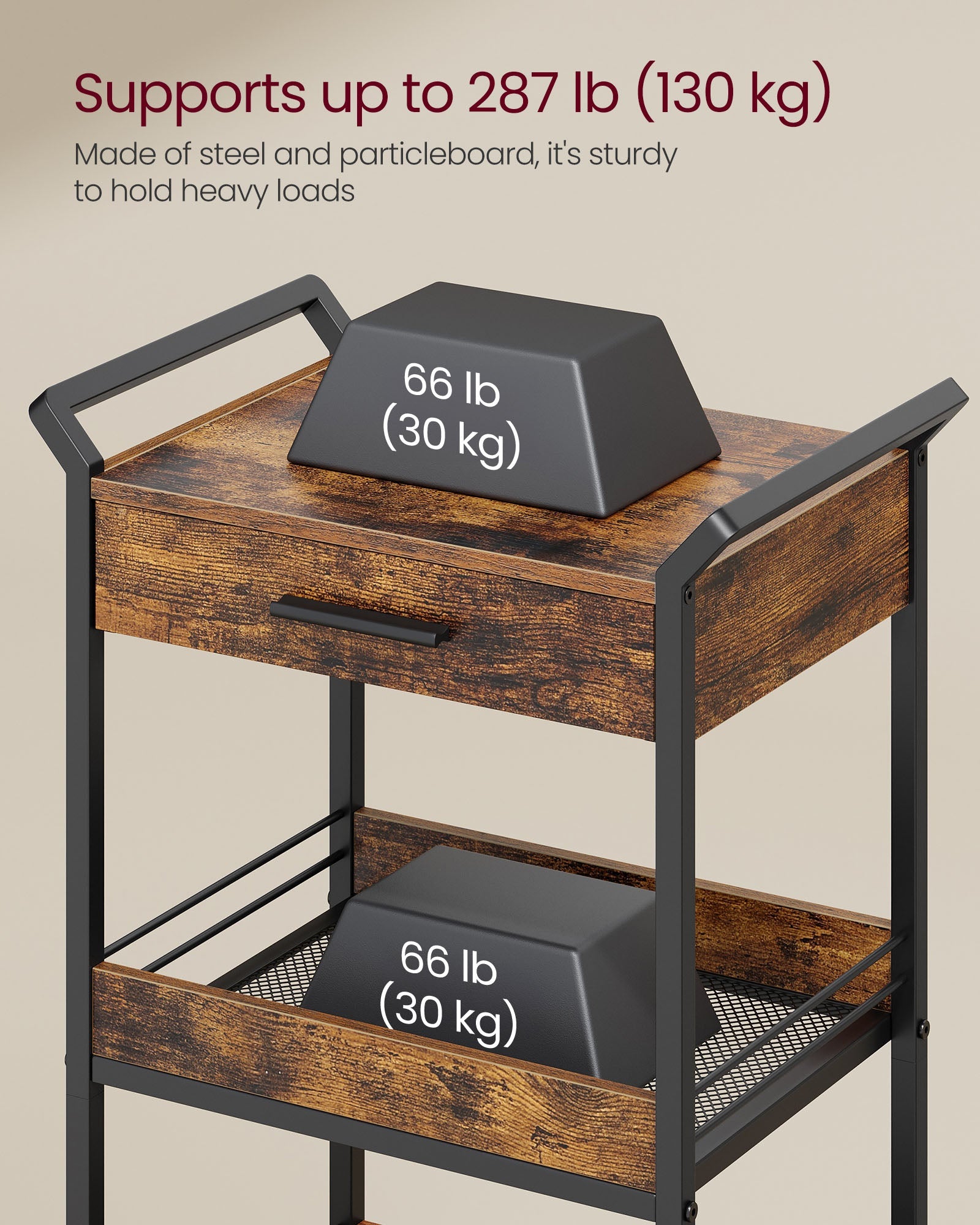 4-Tier Rolling Storage Trolley – Wood and Metal – Rustic Brown and Ink Black – Lockable Castors and Top Drawer