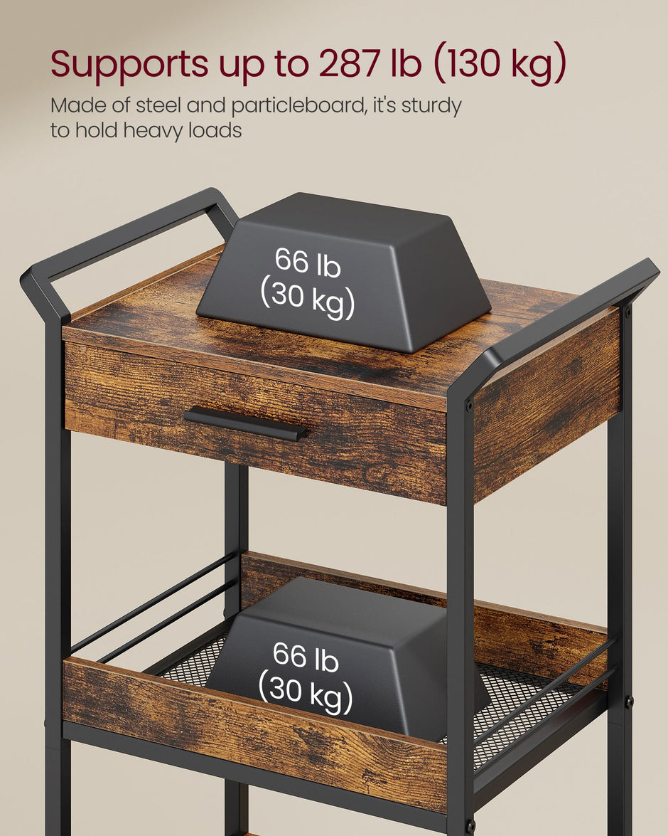 4-Tier Rolling Storage Trolley – Wood and Metal – Rustic Brown and Ink Black – Lockable Castors and Top Drawer