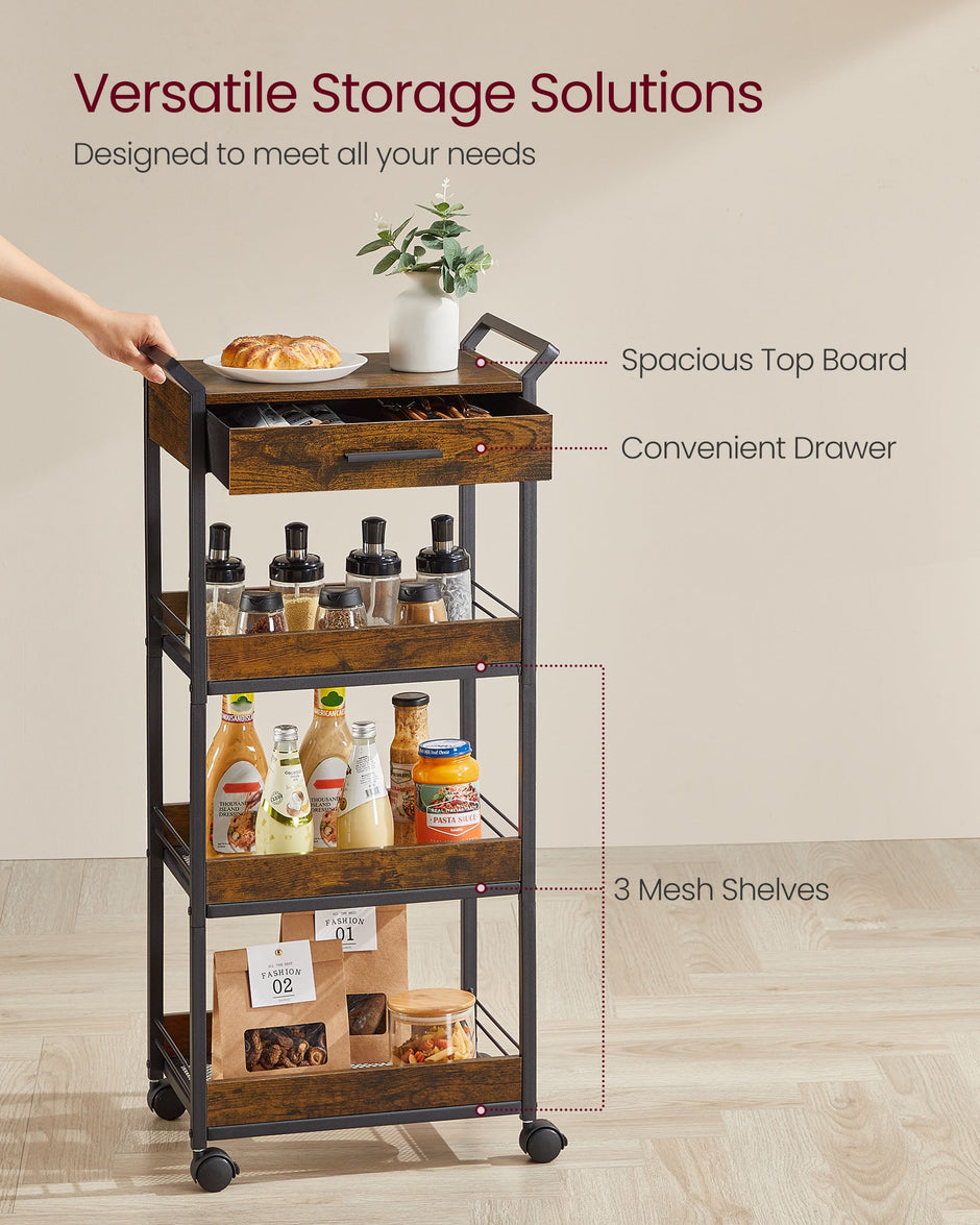 4-Tier Rolling Storage Trolley – Wood and Metal – Rustic Brown and Ink Black – Lockable Castors and Top Drawer
