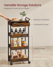 4-Tier Rolling Storage Trolley – Wood and Metal – Rustic Brown and Ink Black – Lockable Castors and Top Drawer