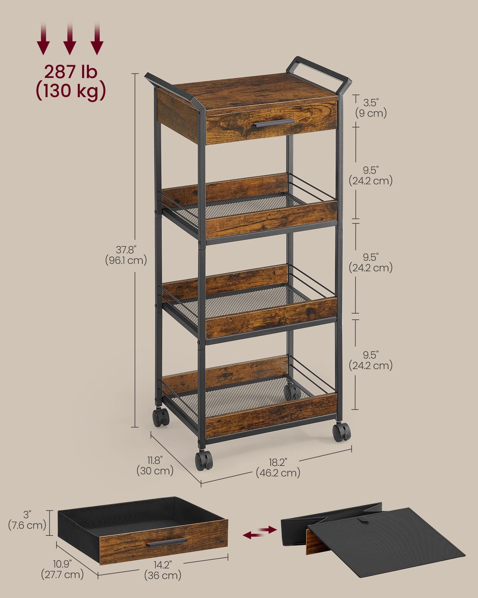 4-Tier Rolling Storage Trolley – Wood and Metal – Rustic Brown and Ink Black – Lockable Castors and Top Drawer