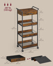 4-Tier Rolling Storage Trolley – Wood and Metal – Rustic Brown and Ink Black – Lockable Castors and Top Drawer