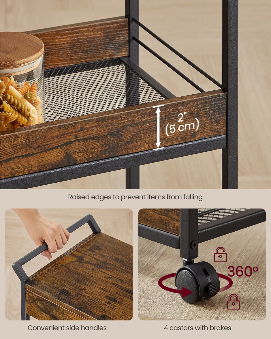 4-Tier Rolling Storage Trolley – Wood and Metal – Rustic Brown and Ink Black – Lockable Castors and Top Drawer