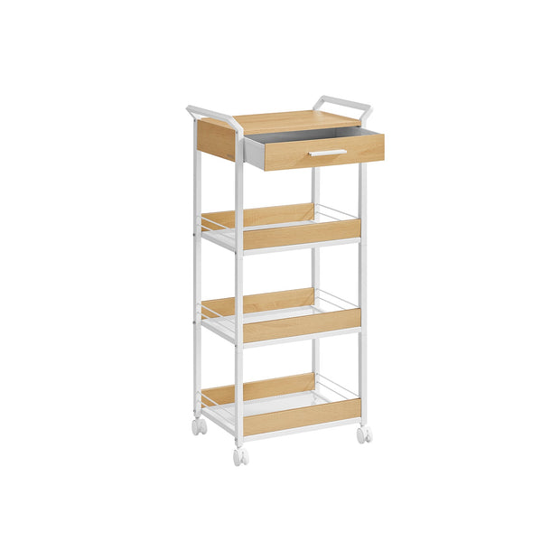 4-Tier Rolling Storage Trolley – Wood – Golden Oak and Cloud White – Includes Top Drawer and Lockable Castors