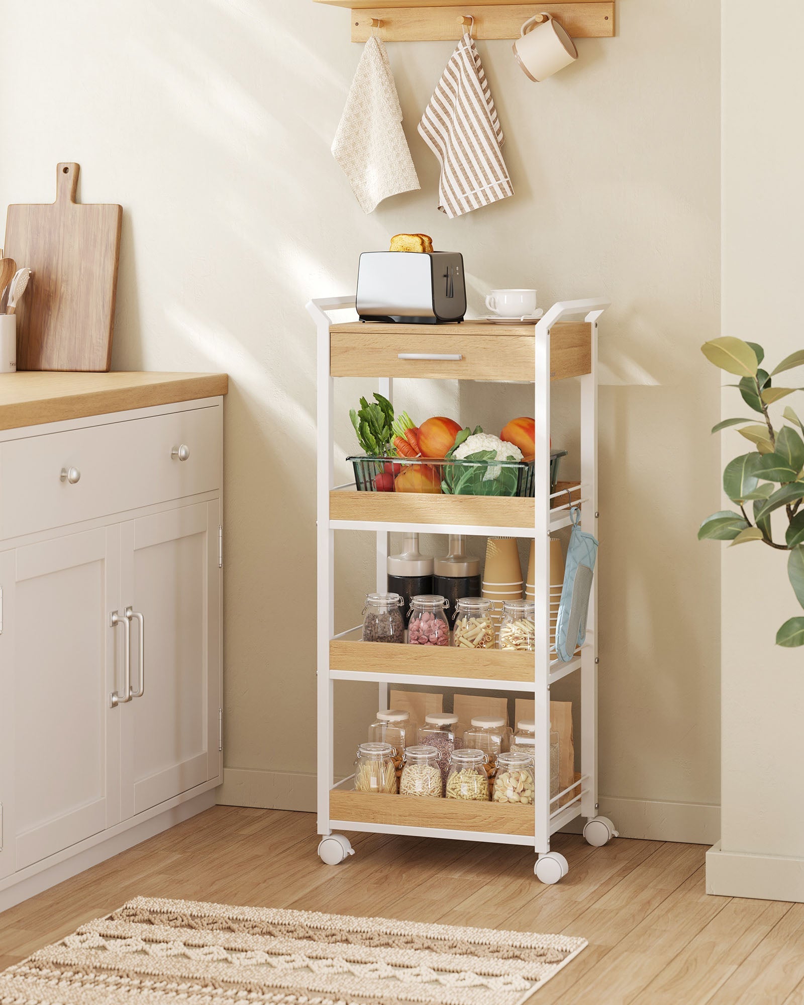 4-Tier Rolling Storage Trolley – Wood – Golden Oak and Cloud White – Includes Top Drawer and Lockable Castors