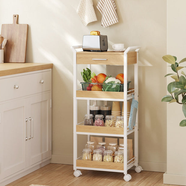 4-Tier Rolling Storage Trolley – Wood – Golden Oak and Cloud White – Includes Top Drawer and Lockable Castors