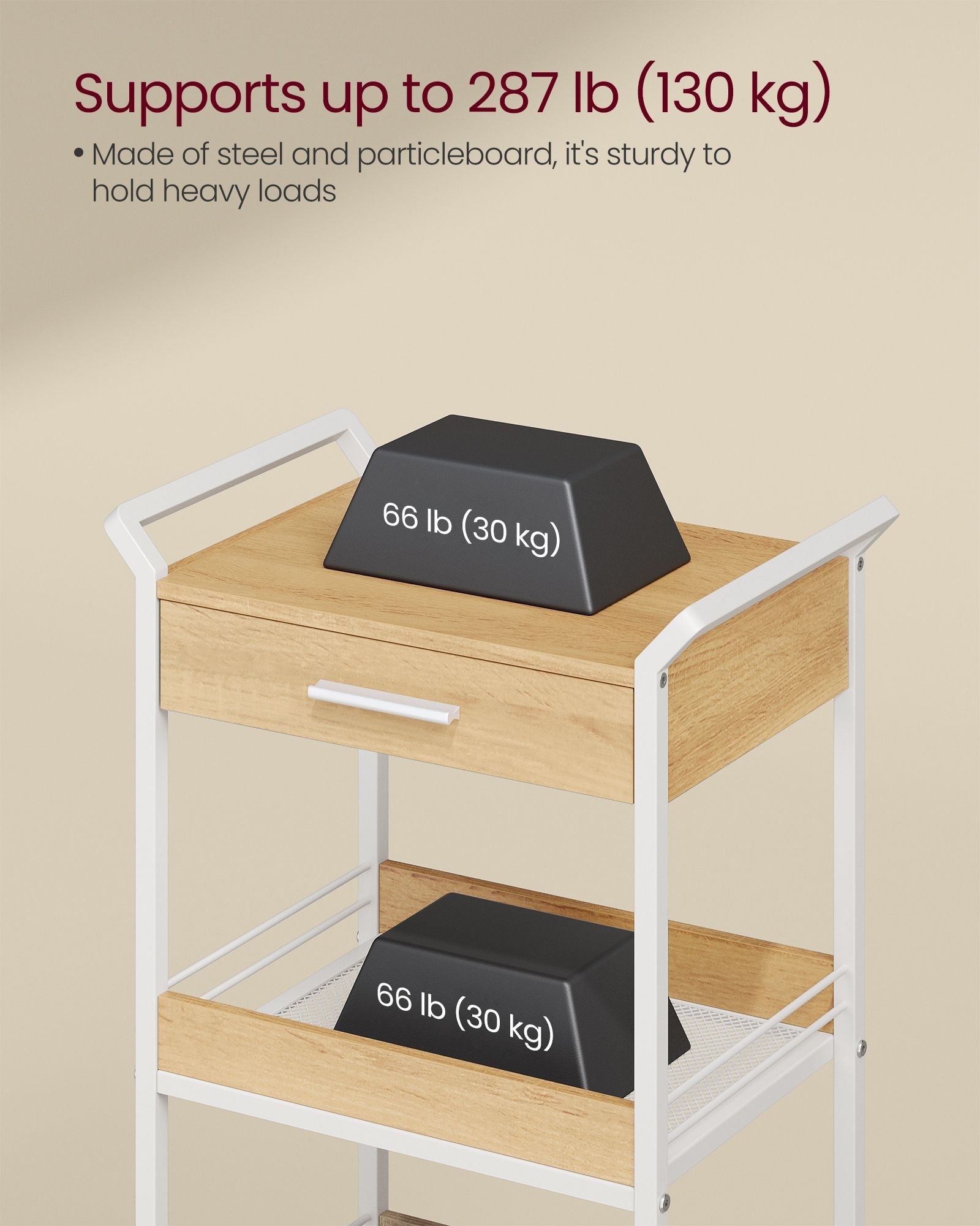4-Tier Rolling Storage Trolley – Wood – Golden Oak and Cloud White – Includes Top Drawer and Lockable Castors