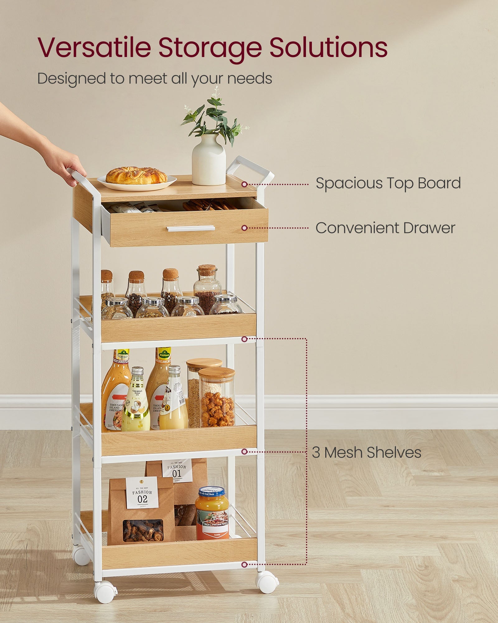 4-Tier Rolling Storage Trolley – Wood – Golden Oak and Cloud White – Includes Top Drawer and Lockable Castors