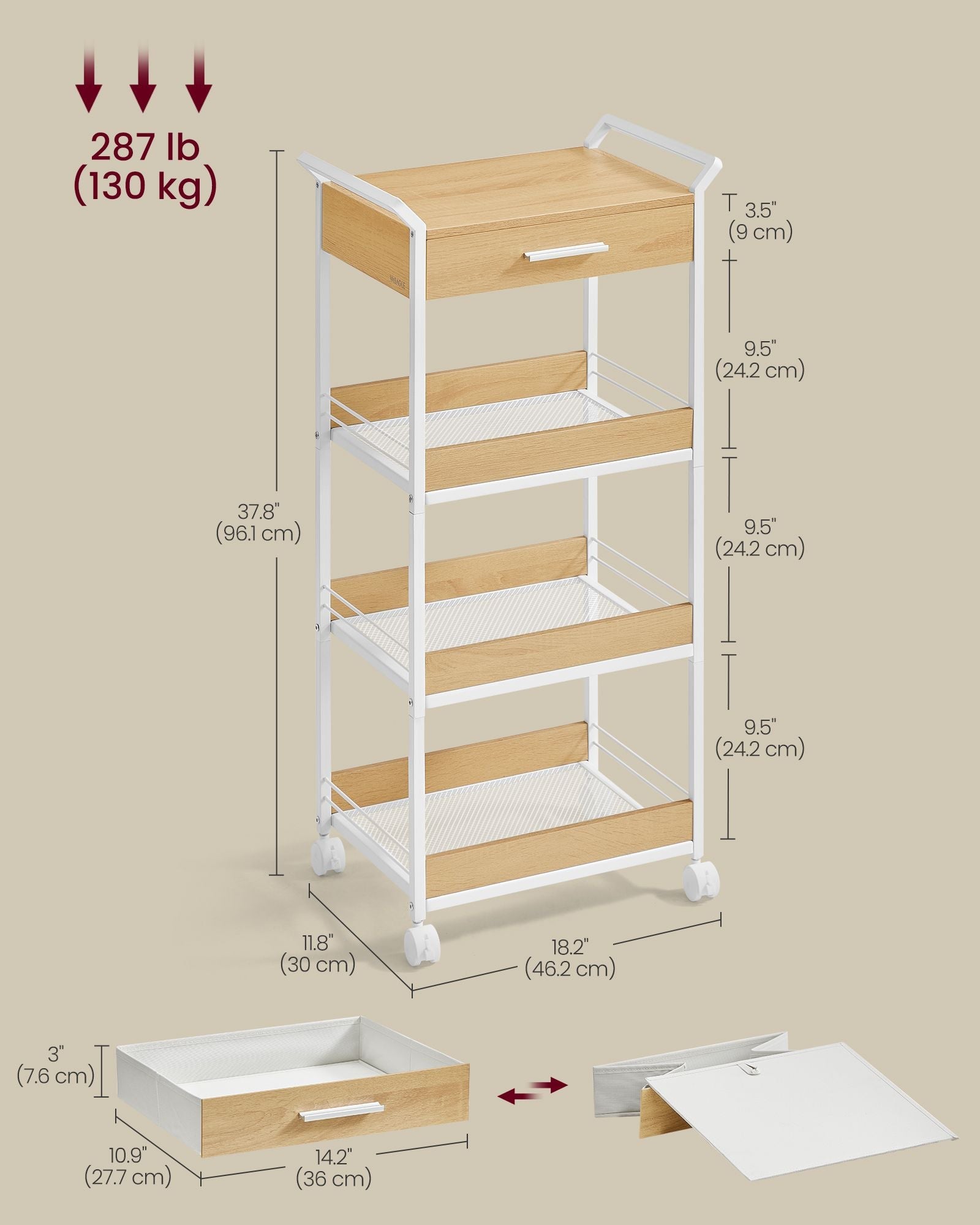 4-Tier Rolling Storage Trolley – Wood – Golden Oak and Cloud White – Includes Top Drawer and Lockable Castors