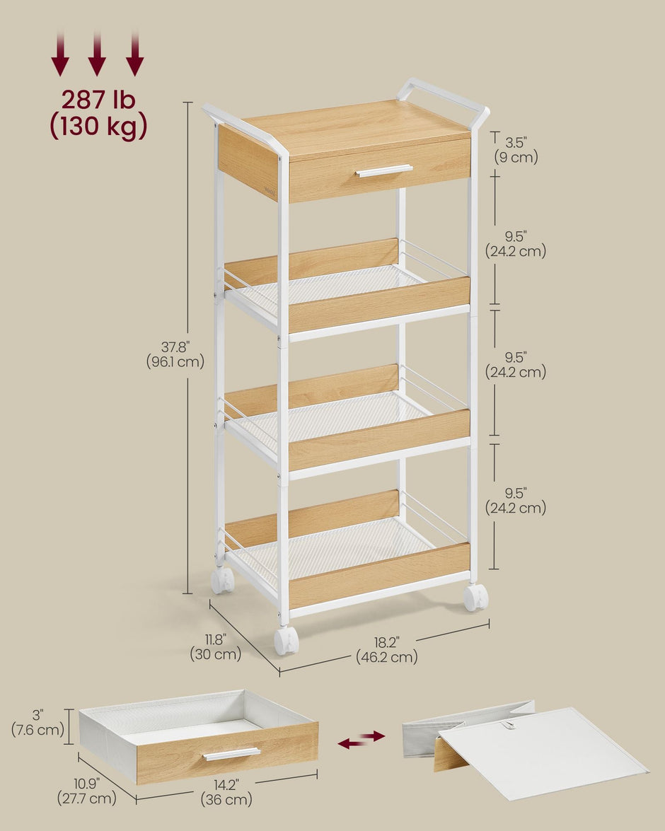 4-Tier Rolling Storage Trolley – Wood – Golden Oak and Cloud White – Includes Top Drawer and Lockable Castors