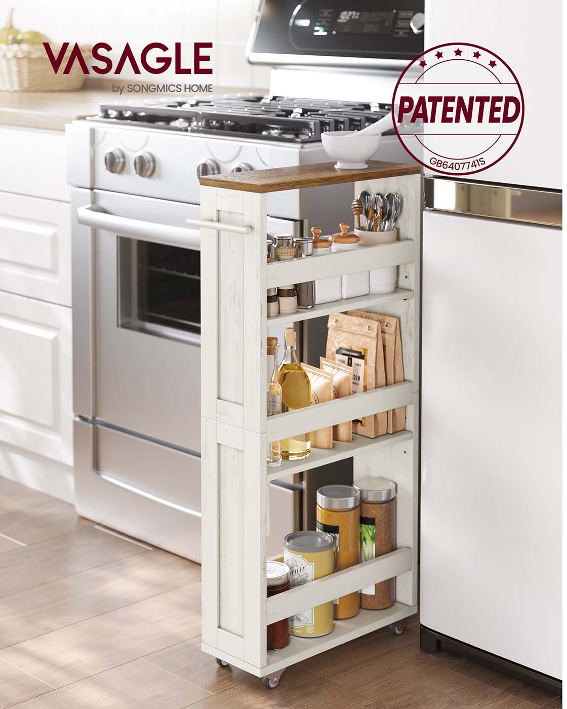 4-Tier Slim Kitchen Storage Trolley – Wood – Rustic White and Honey Brown – Mobile with Handle