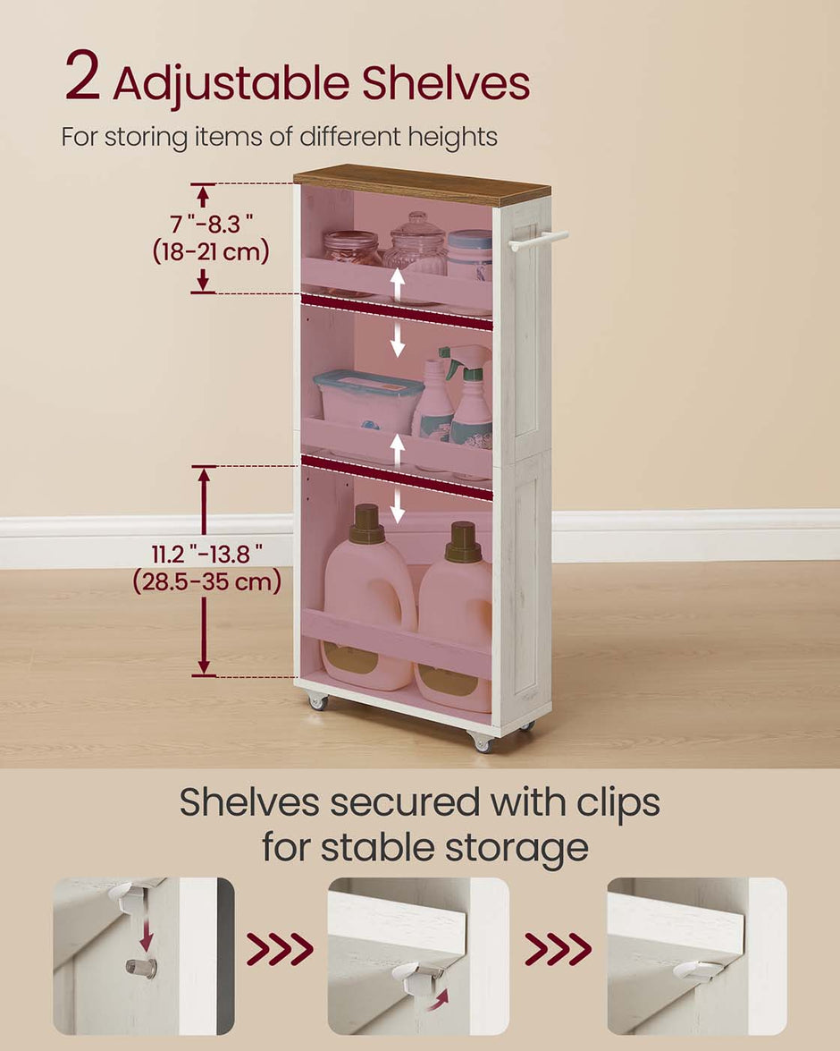4-Tier Slim Kitchen Storage Trolley – Wood – Rustic White and Honey Brown – Mobile with Handle