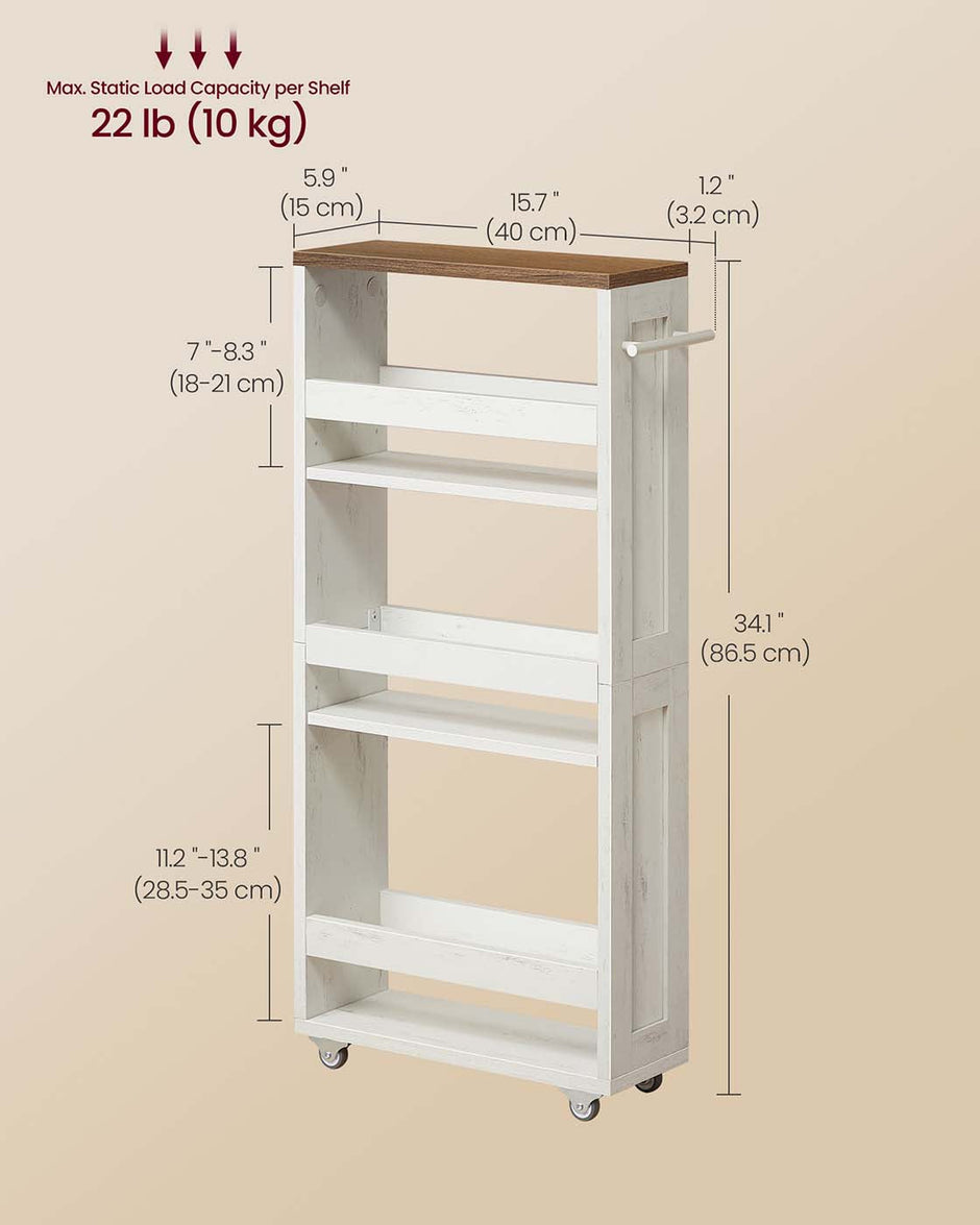 4-Tier Slim Kitchen Storage Trolley – Wood – Rustic White and Honey Brown – Mobile with Handle