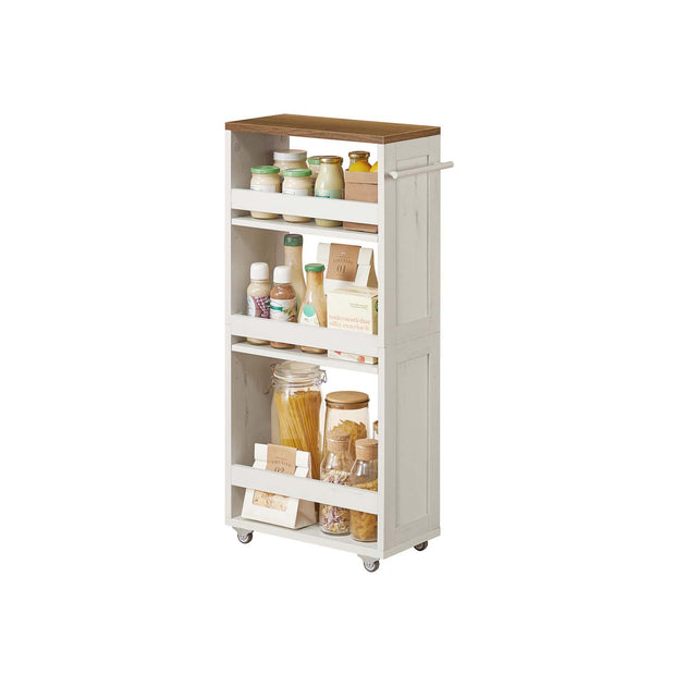 4-Tier Slim Kitchen Storage Trolley – Wood – Rustic White and Honey Brown – Compact Design with Wheels