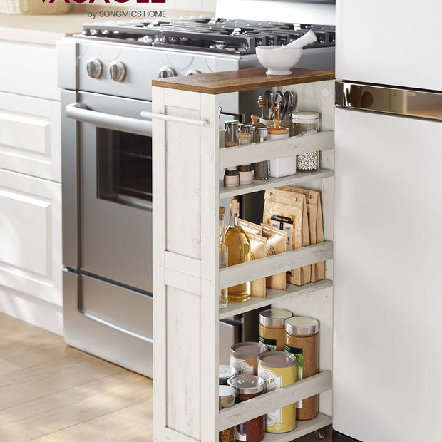 4-Tier Slim Kitchen Storage Trolley – Wood – Rustic White and Honey Brown – Compact Design with Wheels