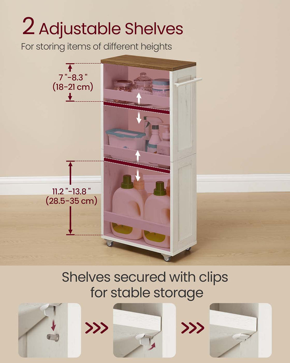 4-Tier Slim Kitchen Storage Trolley – Wood – Rustic White and Honey Brown – Compact Design with Wheels