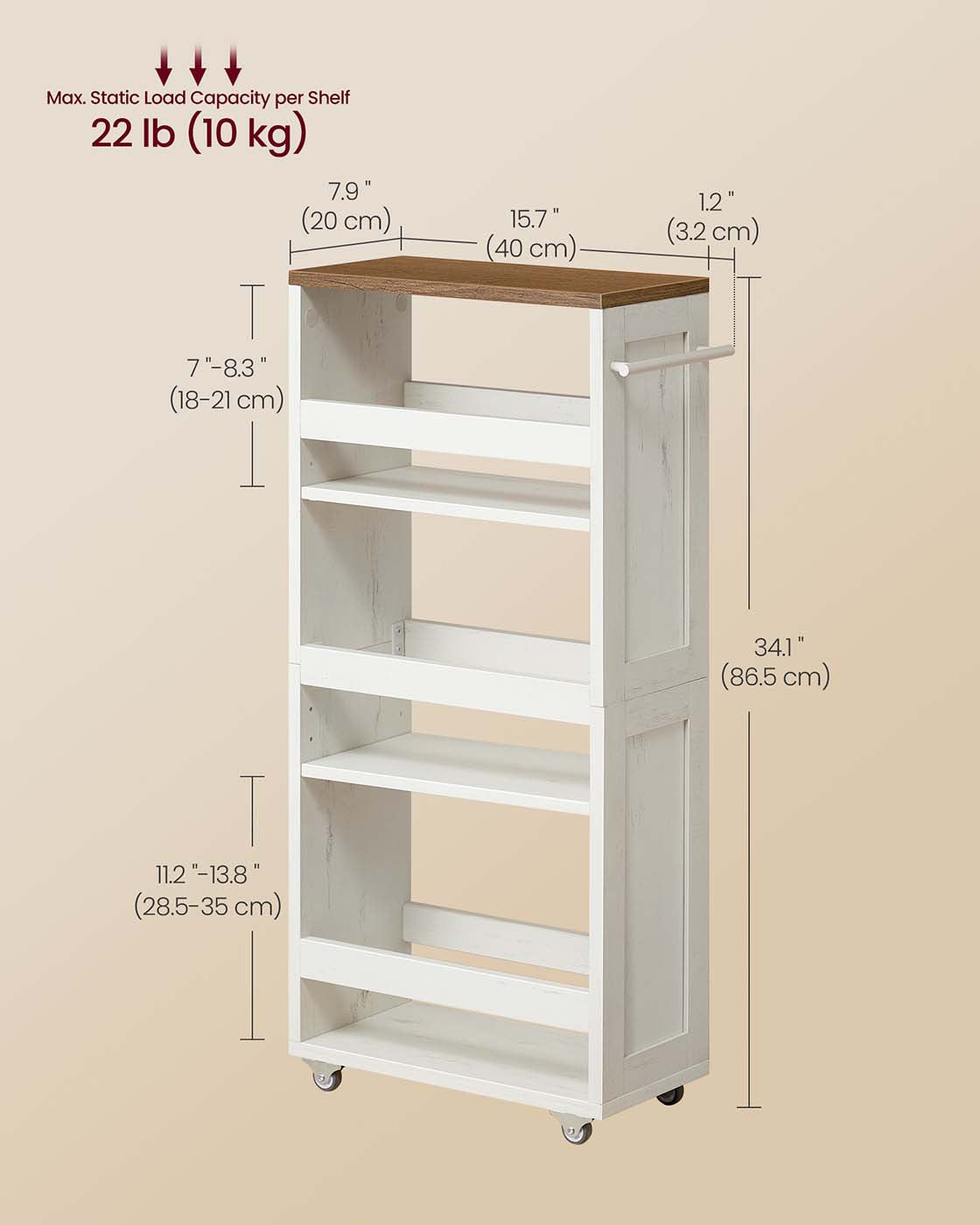 4-Tier Slim Kitchen Storage Trolley – Wood – Rustic White and Honey Brown – Compact Design with Wheels