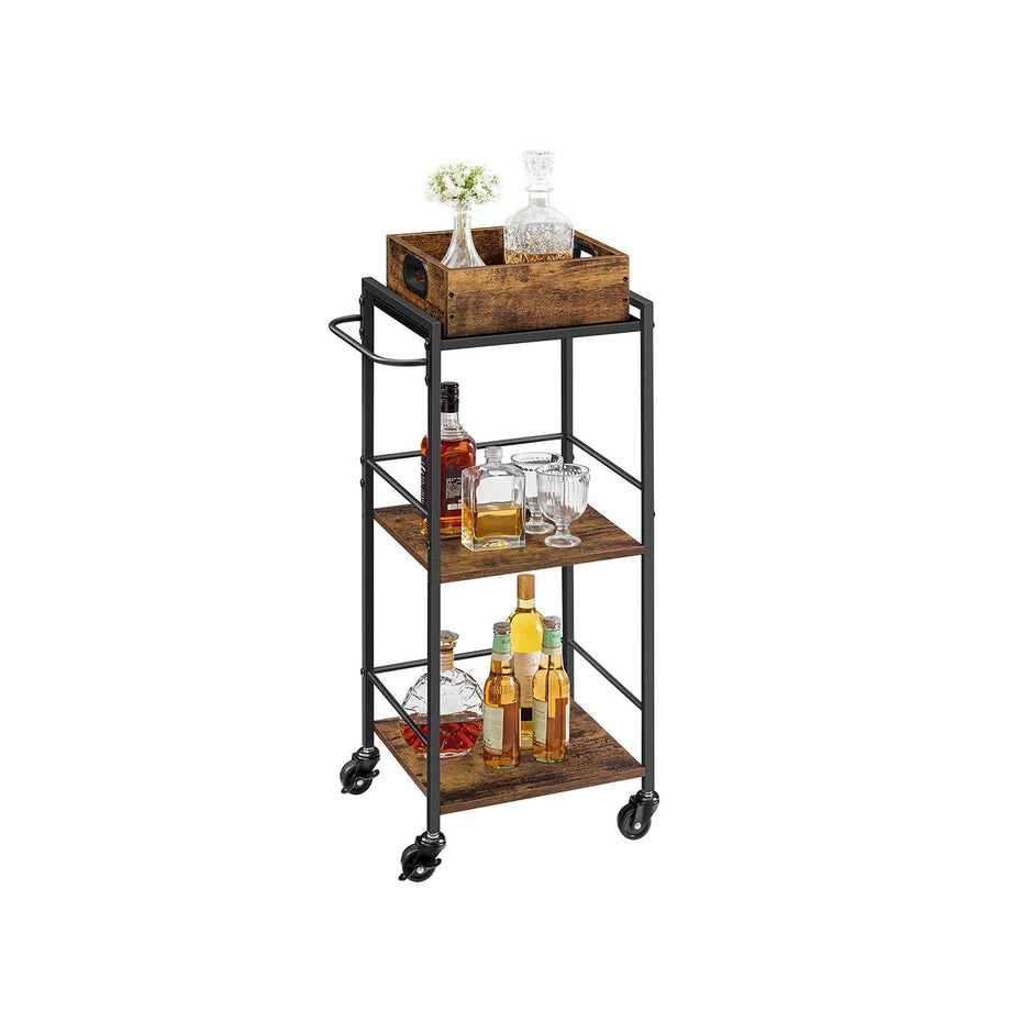 3-Tier Kitchen Serving Cart – Wood and Metal – Rustic Brown and Black – Removable Tray and Storage with Wheels