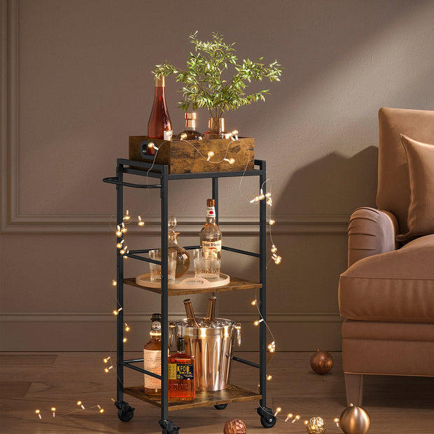 3-Tier Kitchen Serving Cart – Wood and Metal – Rustic Brown and Black – Removable Tray and Storage with Wheels