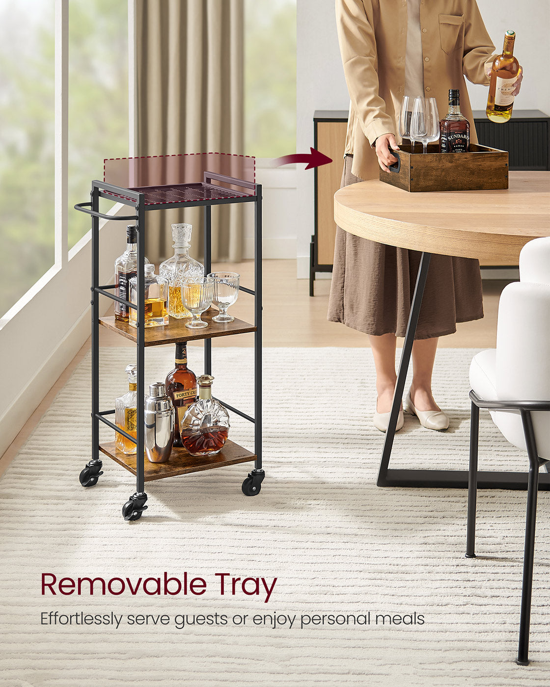 3-Tier Kitchen Serving Cart – Wood and Metal – Rustic Brown and Black – Removable Tray and Storage with Wheels