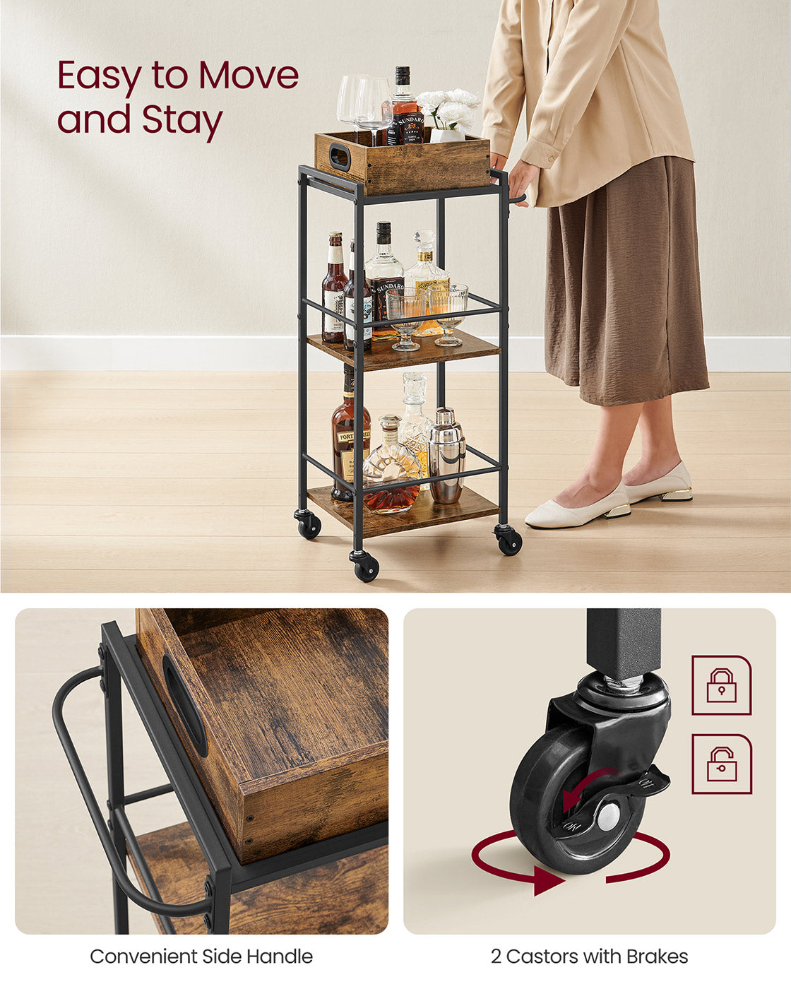 3-Tier Kitchen Serving Cart – Wood and Metal – Rustic Brown and Black – Removable Tray and Storage with Wheels