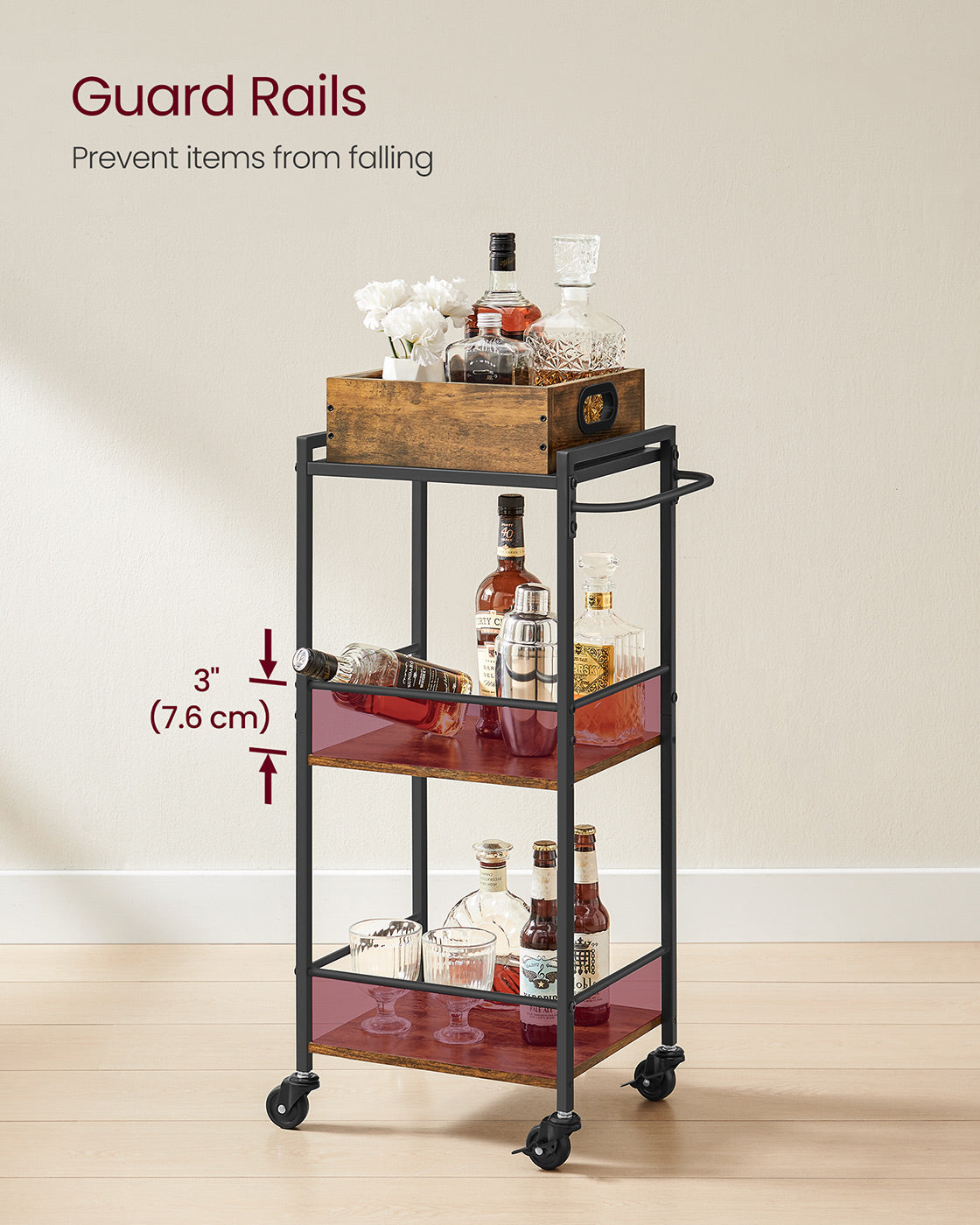 3-Tier Kitchen Serving Cart – Wood and Metal – Rustic Brown and Black – Removable Tray and Storage with Wheels