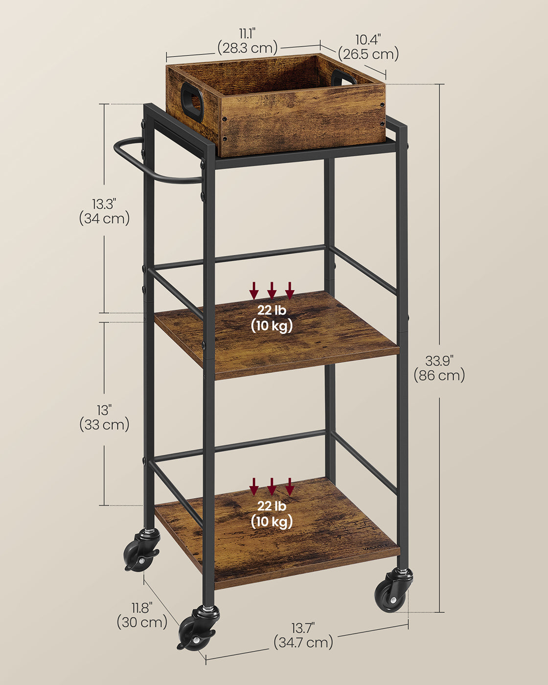 3-Tier Kitchen Serving Cart – Wood and Metal – Rustic Brown and Black – Removable Tray and Storage with Wheels