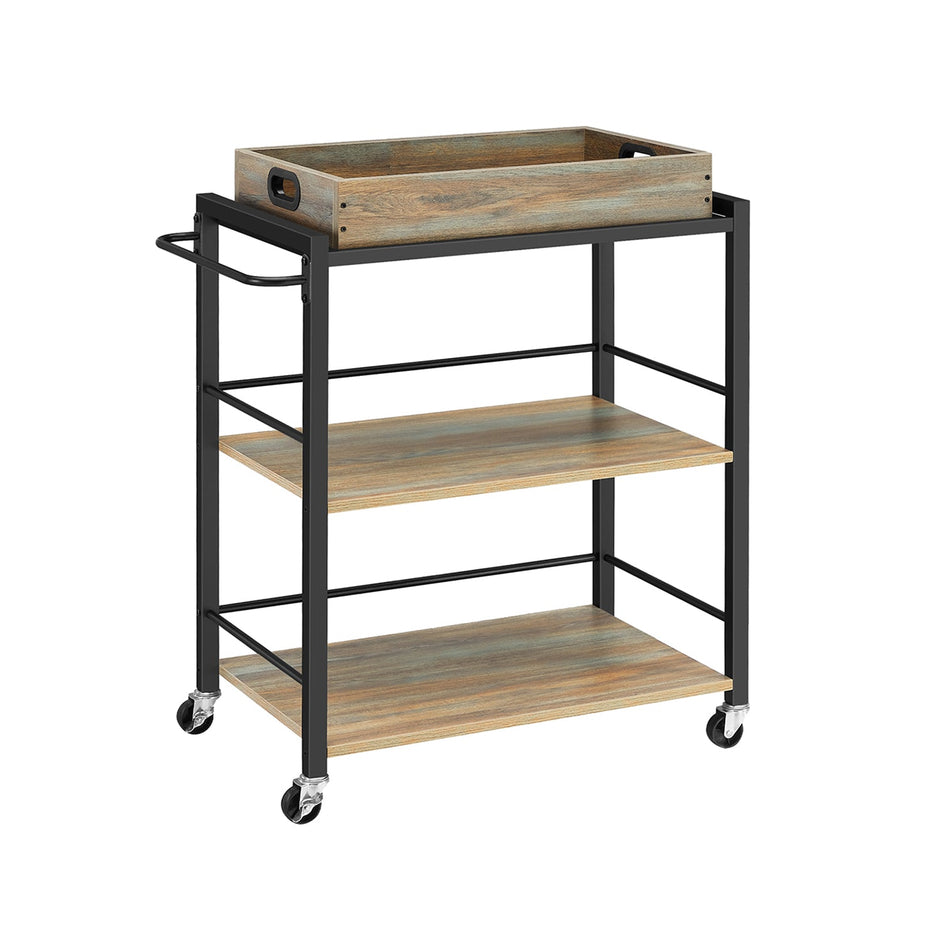 3-Tier Kitchen Serving Cart – Wood and Metal – Turquoise, Brown, and Ink Black – Removable Tray, Wheels with Brakes