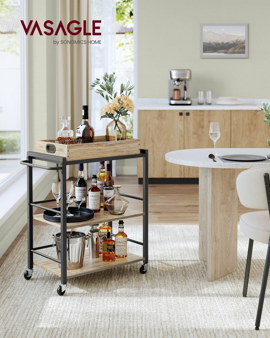 3-Tier Kitchen Serving Cart – Wood and Metal – Turquoise, Brown, and Ink Black – Removable Tray, Wheels with Brakes
