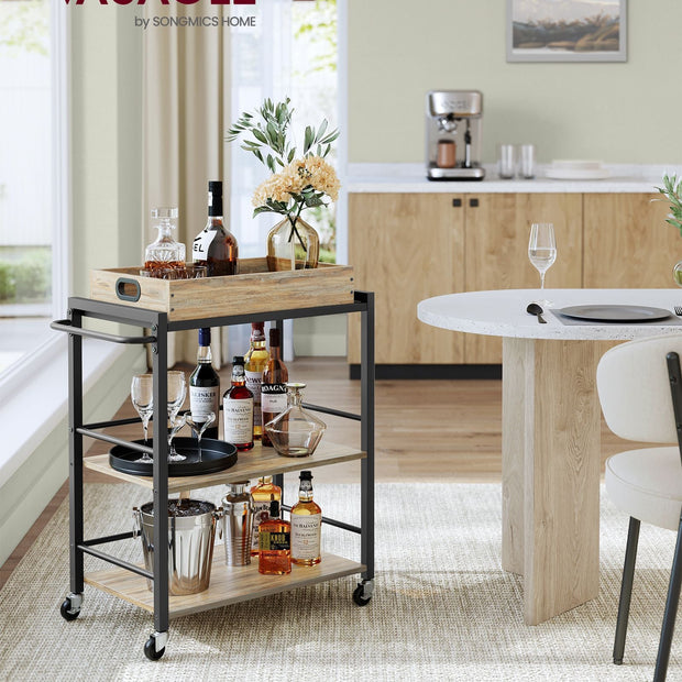 3-Tier Kitchen Serving Cart – Wood and Metal – Turquoise, Brown, and Ink Black – Removable Tray, Wheels with Brakes