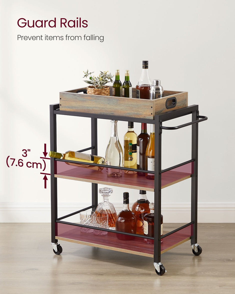 3-Tier Kitchen Serving Cart – Wood and Metal – Turquoise, Brown, and Ink Black – Removable Tray, Wheels with Brakes