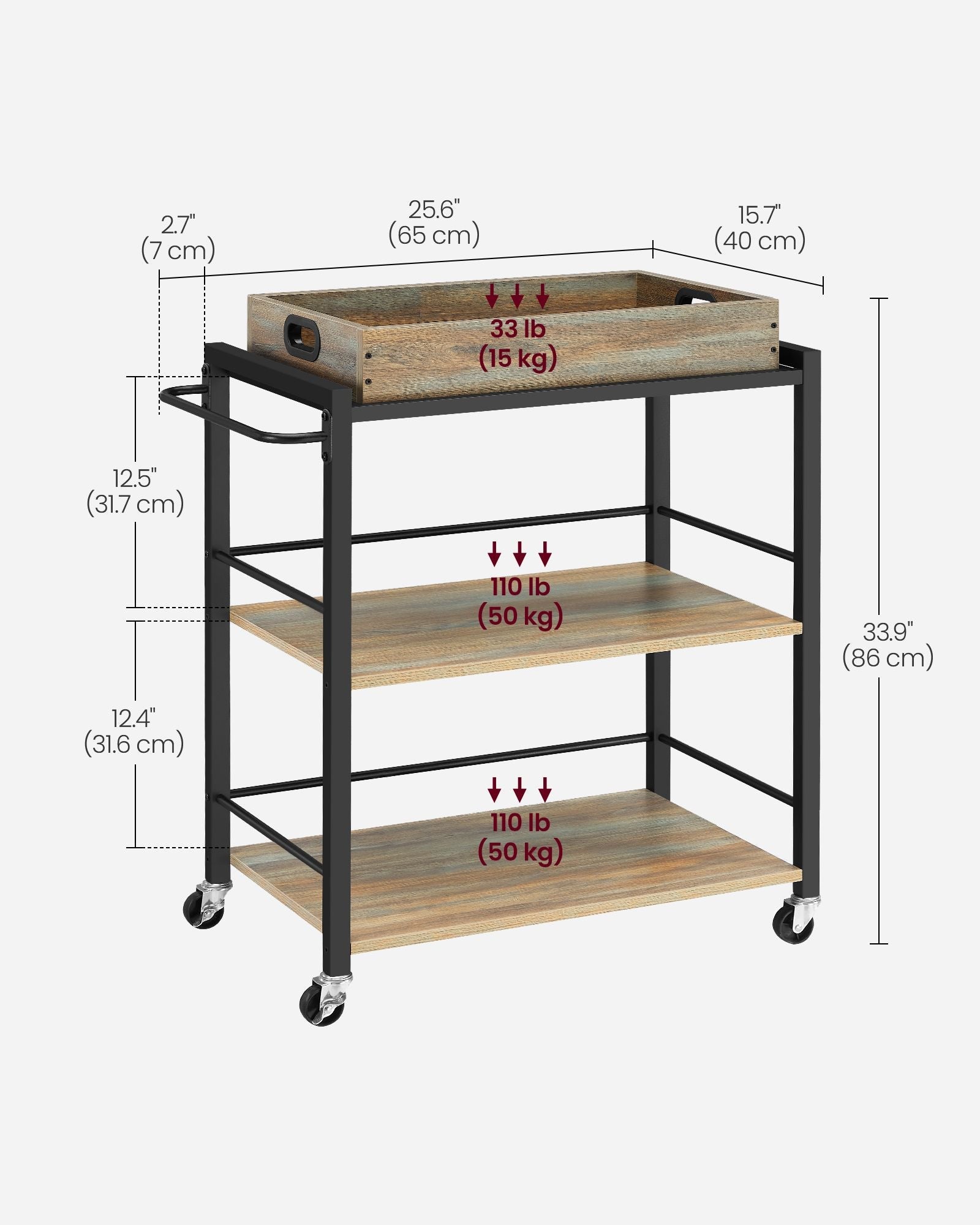 3-Tier Kitchen Serving Cart – Wood and Metal – Turquoise, Brown, and Ink Black – Removable Tray, Wheels with Brakes