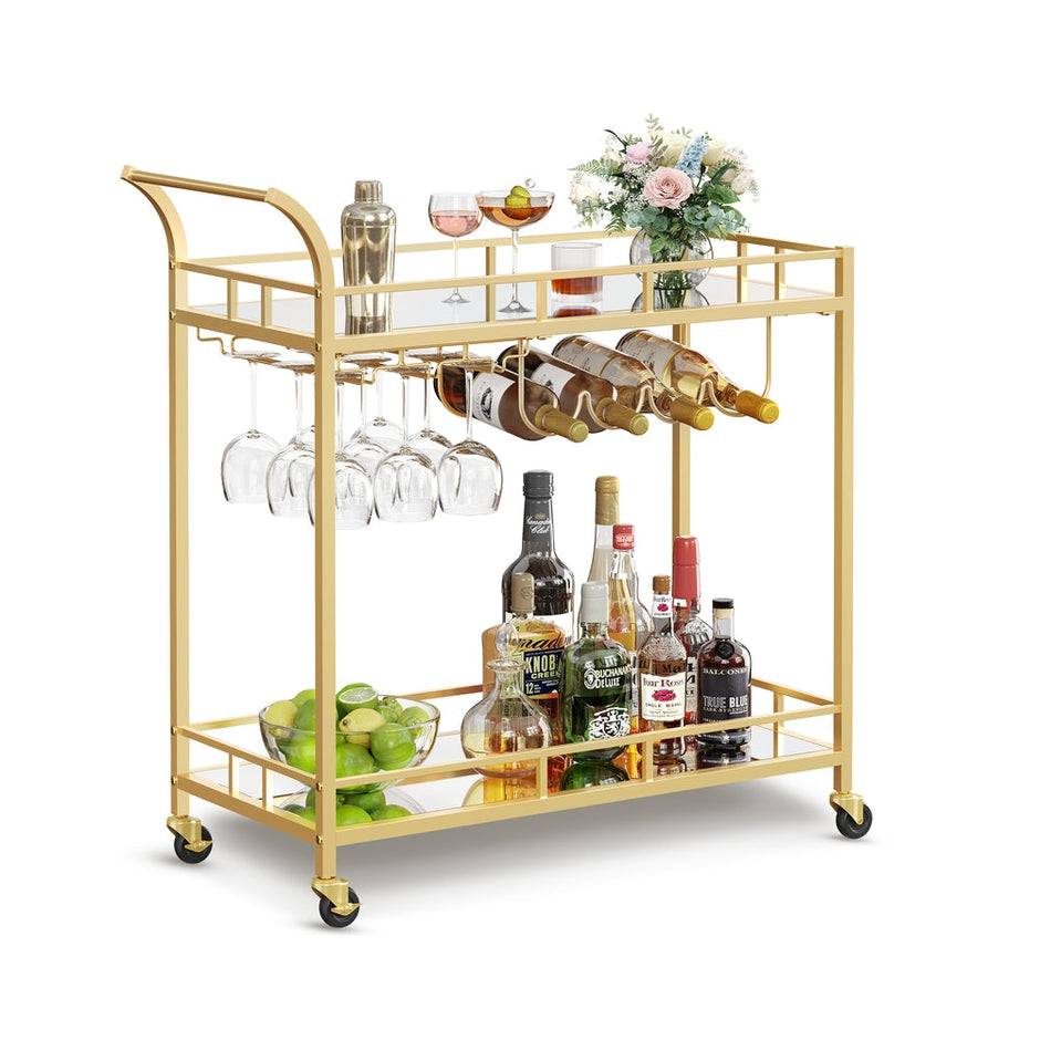 Bar Cart – Metal and Mirrored Glass – Gold – With Wine and Glass Holders